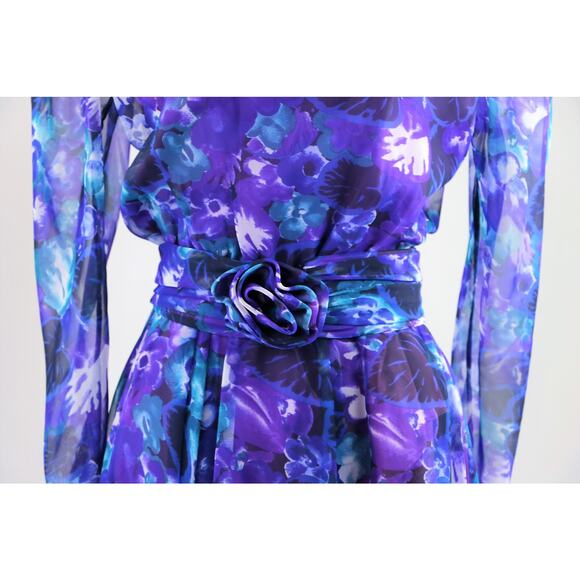 Vintage 1980s Purple Floral Print Chiffon Semi Sheer Dress Medium - Picture 6 of 10